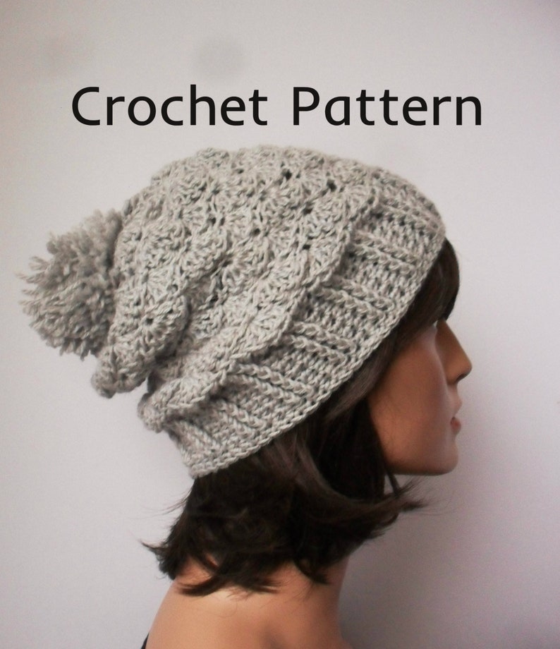 Crochet Pattern textured Slouchy beanie, fitted Beanie, Pdf, easy crochet, diy, 2 in 1 pattern, toque, pretty hat, ladies ski hat, Pom hat image 1