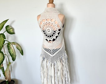 Boho Forest Fae Vest/festival outfit/belly dance costume/bohemian clothing/crochet fashion/cotton/circular vest/boho wedding/pixie vest