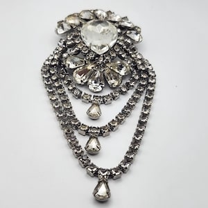 Vintage Clear Crystal Rhinestone Brooch | Art Deco Style Statement Pin with Teardrop Dangles | Sparkling Bridal Brooch Jewelry