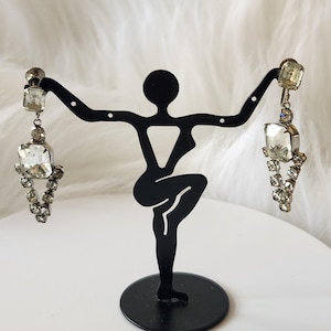 Vintage Clear Rhinestone Drop Clip-On Earrings | Mid Century Crystal Dangle Glam | 1950s Sparkle Statement Jewelry