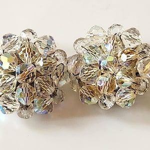Vintage Crystal Cluster Clip-On Earrings | Aurora Borealis Beaded Dome | Mid Century Sparkle Jewelry