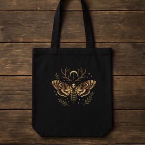 Gothic Moth Organic Cotton Tote Bag, Antlers, Crescent Moon