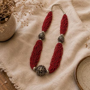 Boho Red Multi Strand Necklace – Statement Beaded Jewelry – Ethnic Tribal Style