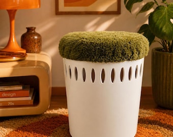 Vintage EMSA 70s Storage Stool with Green Faux Fur Cushion, White Space Age Ottoman, Mid Century Modern Seat, Retro Laundry Basket Stool, Se