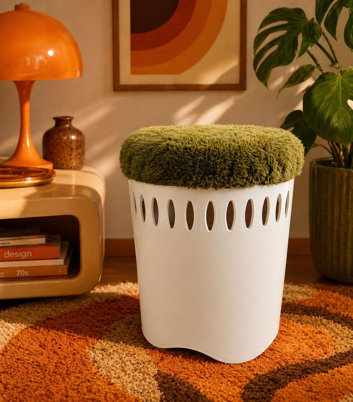 Tabouret De Rangement Vintage Emsa Années 70 Avec Coussin En Fausse Fourrure Verte, Pouf Blanc Style Space Age, Siège Milieu Du Siècle, Tabouret