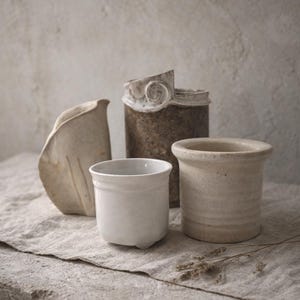 Op de afbeelding: Een verzameling keramische potten in neutrale tinten. De collectie omvat een witte plantenbak, een getextureerde cilindervormige vaas en een kleine, ronde pot. De objecten zijn gerangschikt op een getextureerd oppervlak, wat een minimalistische esthetiek creëert.