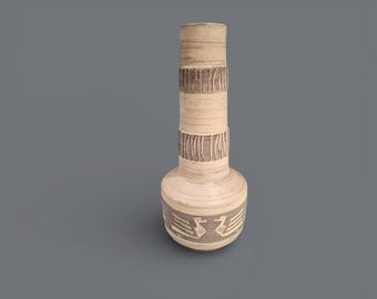 Mid Century Studio Pottery Vase Tribal Carved Stoneware Sculpture Brutalist Boho Neutral Decor