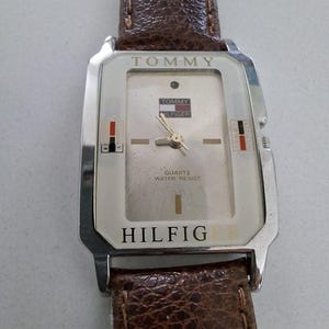 Vintage Tommy Hilfiger Watch Rectangular Case Brown Leather Strap Minimalist Quartz Wristwatch 90s Y2K Style