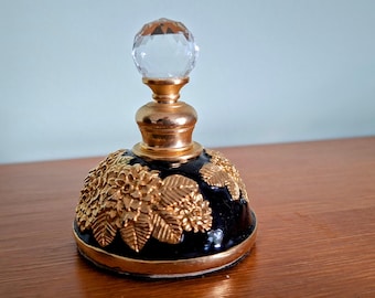 Vintage Perfume Bottle with Crystal Stopper & Golden Flowers | Elegant Decorative Vanity Bottle | Luxury Home Decor Gift