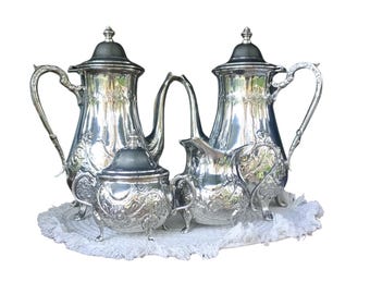 Servizio da tè marocchino Fes, fatto a mano, placcato in argento, caffettiera, teiera, zuccheriera, decorato in stile boho per riad, centrotavola vintage di grande impatto.