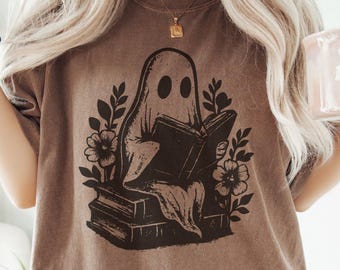 Ghost Reading Books Shirt, Bookish Halloween Teacher, Spooky Librarian Gift, Comfort Colors Book Lover Fall Tee, Retro Floral Ghost Bookworm