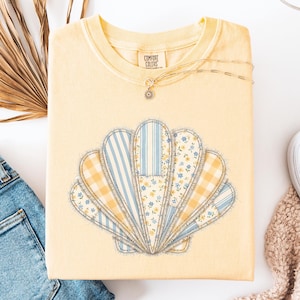 Comfort Colors® Sea Shell Faux Patchwork Shirt, Vintage Beach Summer Vacation Shirt, Ocean Lover Gift, Preppy Beach Coastal Hawaii Tee