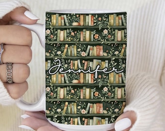 Personalized Floral Bookshelf Coffee Mug, Bookish Library Mug, Bookshelf Decor Mug Book Lovers,  Literary Gift, Reading Bibliophile Tea Mug