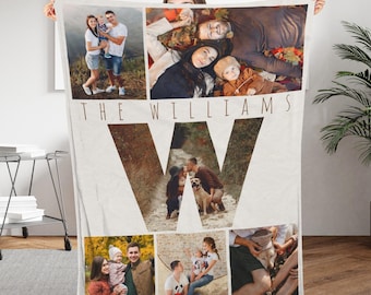 Personalized Photo Blanket Collage With Text, Custom Family Name Blanket, Monogram Initial Blanket, Wedding Anniversary Gift For Mom Picture