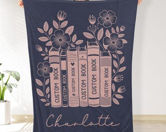 Personalized Floral Book Lovers Woven Blanket, Custom Favorite Bookshelf Blanket Gift For Bookworm, Book Nook Home Decor Blanket