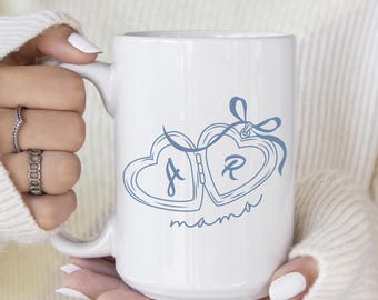 Personalized Mom of 2 Mug, Coquette Mama Cup, Mom Gifts with Kids Names, Custom Locked Ring Coffee Cup, Mama of Two Mug, New Mom Gift Mug