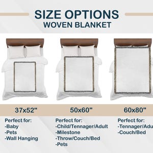 May include: Image shows a white woven blanket with a decorative border, displayed on a bed. The image includes size options: 37x52 inches, 50x60 inches, and 60x80 inches. Text at the top reads "SIZE OPTIONS WOVEN BLANKET."