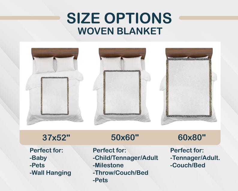 May include: Image shows a white woven blanket with a decorative border, displayed on a bed. The image includes size options: 37x52 inches, 50x60 inches, and 60x80 inches. Text at the top reads "SIZE OPTIONS WOVEN BLANKET."