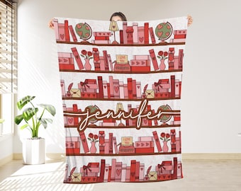 Personalized Bookish Blanket With Custom Name, Romantic Pink Library Throw For Book Lovers, Valentine Gift For Readers Cottagecore Decor