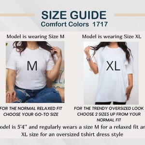 May include: Size guide for Comfort Colors 1717. Two models wearing white t-shirts, one with an M and the other with an XL. Text advises choosing your normal size for a relaxed fit or two sizes up for an oversized look. The model is 163cm tall.