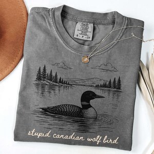May include: Gray t-shirt with a graphic of a loon on a lake, trees, and mountains. The text "stupid canadian wolf bird" is printed at the bottom. A gold necklace and a brown hat are also in the image.
