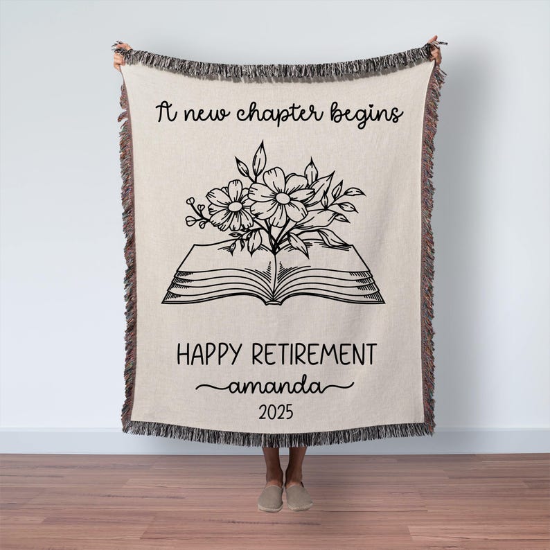 Personalized woven retirement blanket gift for women, featuring custom name design, perfect for teachers, nurses, or coworkers