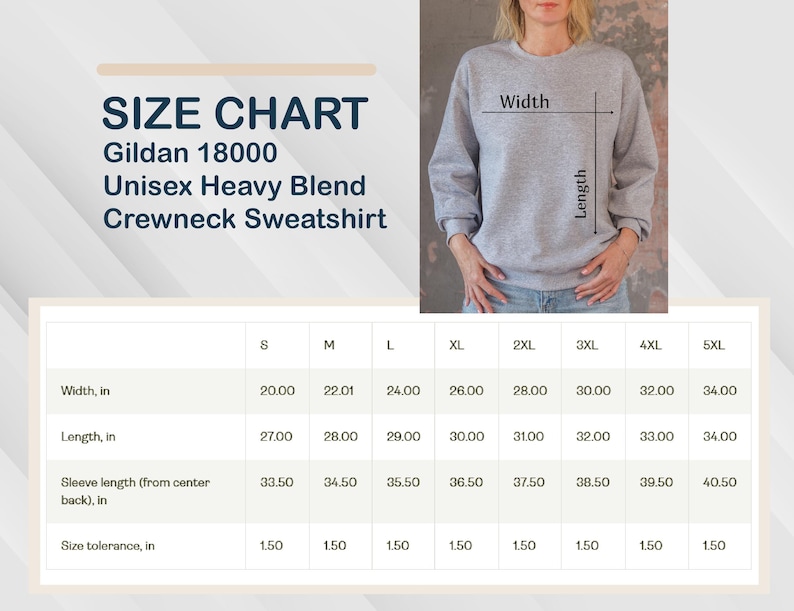 May include: A size chart for a Gildan 18000 Unisex Heavy Blend Crewneck Sweatshirt. The chart shows measurements in inches for width, length, and sleeve length, ranging from size S to 5XL. A person is wearing a gray sweatshirt.