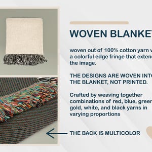 May include: A woven blanket made of 100% cotton yarn with a colorful fringe. The designs are woven into the blanket, not printed. The back of the blanket is multicolored. The fringe includes red, blue, green, gold, white, and black yarns.