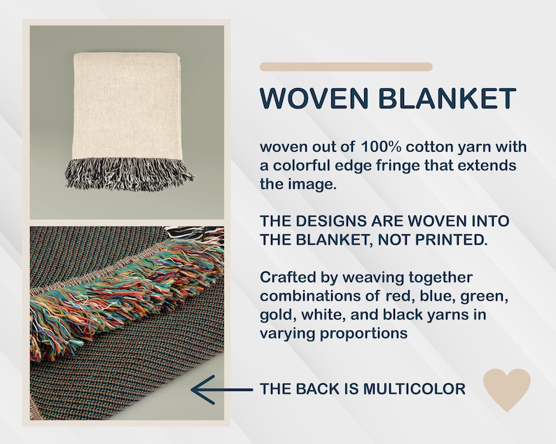May include: A woven blanket made of 100% cotton yarn with a colorful fringe. The designs are woven into the blanket, not printed. The back of the blanket is multicolored. The fringe includes red, blue, green, gold, white, and black yarns.
