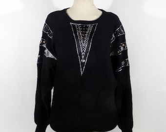 Gem Sequin Sweater Vintage 1980s Knit Black Batwing Beaded Women's Size M Carducci