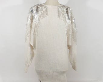 Fringe Sequin Sweater Vintage 1980s Knit White Batwing Beaded