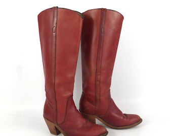 Frye Boots  Vintage 1980s Stacked Heel Whiskey Burgundy Brown Leather Women's size 5 1/2