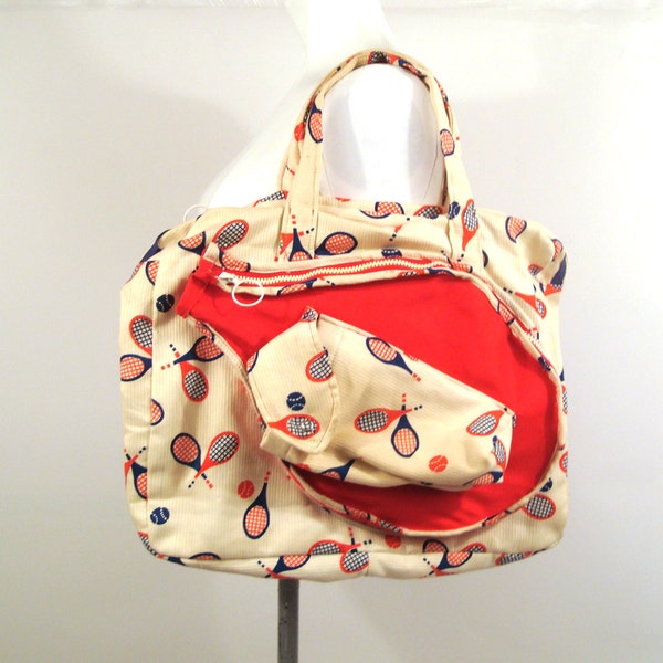 Tennis racket Bag Vintage 1970s Tote Blue Red White and blue