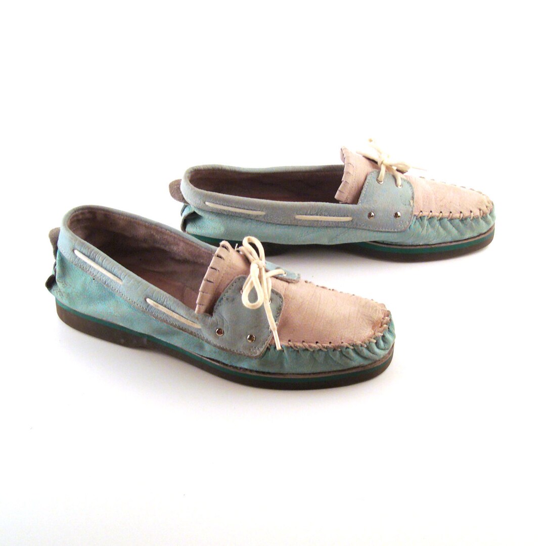 Zodiac Boat Shoes Vintage 1980s Mens Teal and off White Leather Size 1/2 