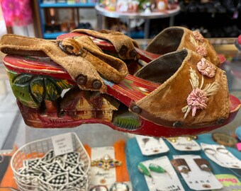Wood Carved Sandals Vintage 1930s 1940s Painted Philippines Wedge Women's