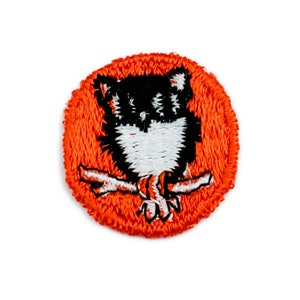 May include: A round orange patch with a black and white embroidered raccoon sitting on a branch.