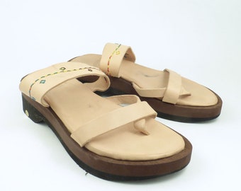 Platform Wood Sandals Vintage 1990s Leather Wedge Wooden women's