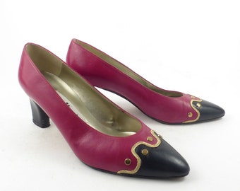 Palizzio Heels Shoes Vintage 1980s Red and Navy Leather Women's size 6 1/2 M