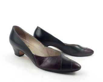 Ferragamo Black Heels Vintage 1980s Shoes Burgundy Extra Narrow Heels Leather Detail size 7 1/2 AAAA