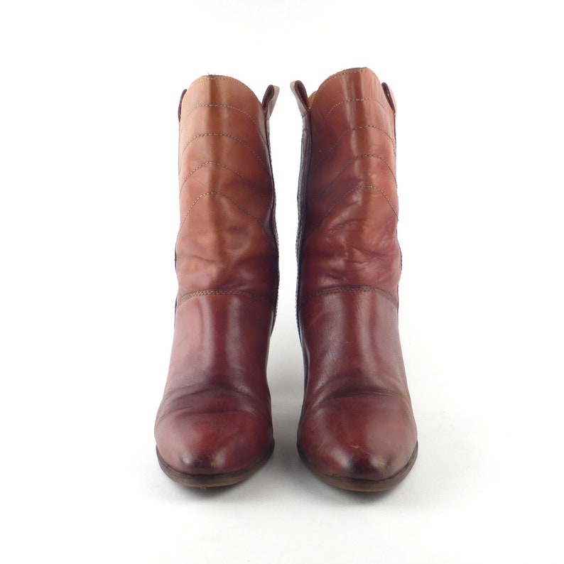 Cowboy Boots Vintage 1970s Distressed Stacked Heel Tan Whiskey Brown Women/'s size 7 12 B