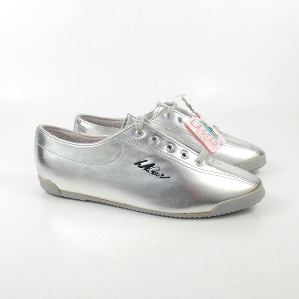 LA Gear Sneakers Vintage 1980s Metallic Silver Aerobic Shoes Women's size 6 1/2