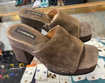 Wood Heels Vintage 1990s Brown Leather Candies platform High Heel Sandals size 9