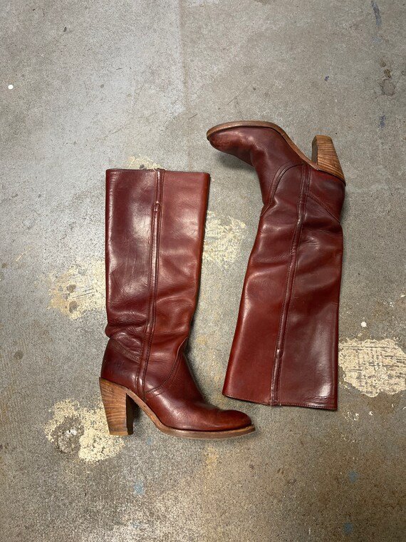 Frye Boots Vintage 1980s Stacked Heel Whiskey Burgundy Brown Leather Women's Size 6