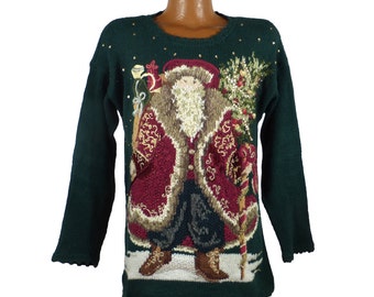 Ugly Christmas Sweater Vintage 1980s Santa Holiday Tacky Xmas Party size M