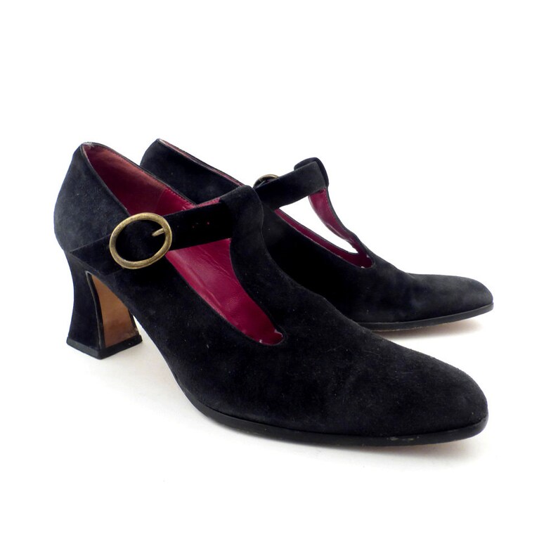 Shoe Booties Black Vintage 1980s Charles Jourdan Black Suede Leather Heeled Booties Mary Janes Shoes size 8 12