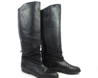 Black Leather Boots Vintage 1980s Tall Flat Women's size 6