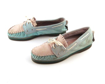 Zodiac Boat Shoes Vintage 1980s Mens Teal and Off White Leather Size 1/2