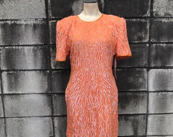Lawrence Kazar Dress Vintage 1990s Sequin Orange Deadstock Jeweled Women's size PL