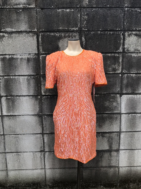 Lawrence Kazar Dress Vintage 1990s Sequin Orange D