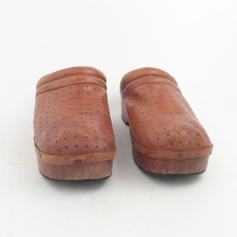 Leather Wooden Clogs Vintage 1970s Wild Pair Wood Platform Whiskey Brown men's size 7 1/2 image 2